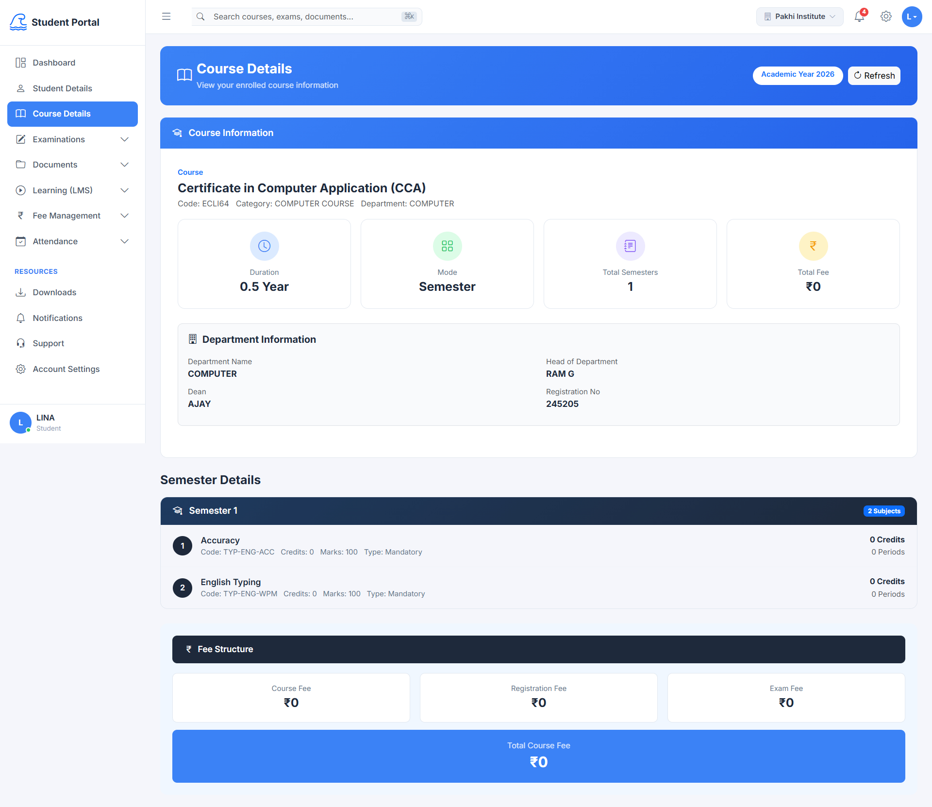 Fee Management Dashboard Screenshot